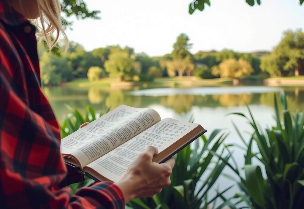O persoană citind o carte într-un cadru natural liniștit, simbolizând învățarea și conexiunea cu natura.