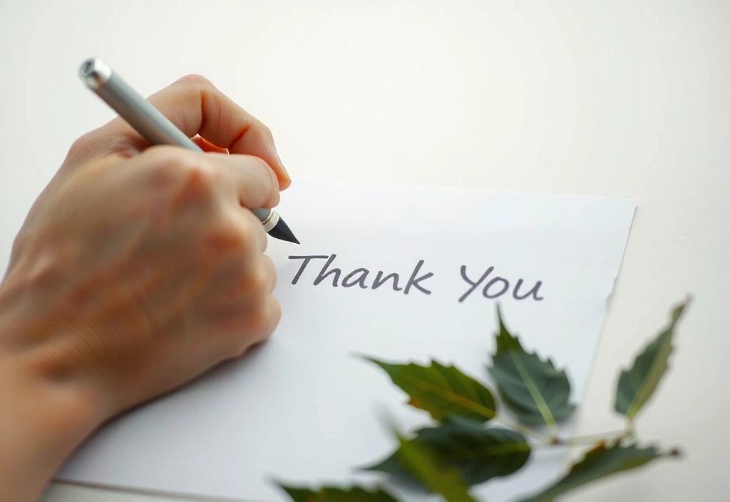 Mână care scrie un mesaj de mulțumire pe o foaie curată, cu elemente botanice subtile în fundal