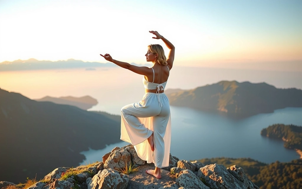 O femeie practică yoga într-un peisaj montan liniștit la răsăritul soarelui, simbolizând echilibrul și pacea interioară.