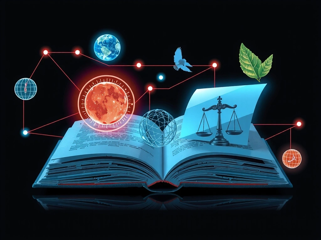 Ilustrație abstractă a unei cărți deschise cu simboluri digitale și naturale, reprezentând cunoașterea și legile universului digital.